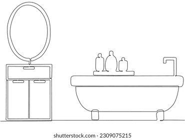 Continuous one line drawing of washbasin cabinet with toilet bowl and hand dryer vector illustration. WC black outline sketch. Public restroom interior isolated on white background.