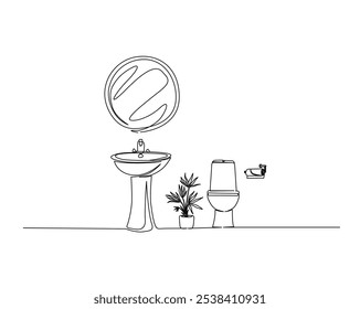 Continuous one line drawing of Washbasin cabinet and flush toilet. Bathroom interior in single outline vector illustration. Editable stroke.