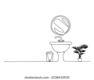 Dibujo continuo de una línea de gabinete de lavabo, cubo de basura y planta de la casa. Interior del baño en Ilustración vectorial de contorno único. Trazo editable.