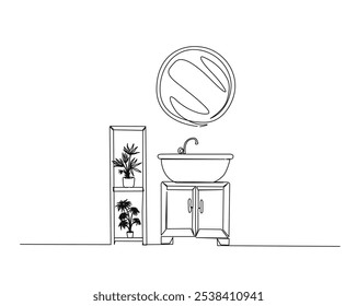 Dibujo continuo de una línea de gabinete de lavabo y planta de la casa. Interior del baño en Ilustración vectorial de contorno único. Trazo editable.