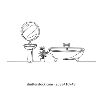 Dibujo continuo de una línea de gabinete de lavabo, bañera e inodoro con descarga. Interior del baño en Ilustración vectorial de contorno único. Trazo editable.