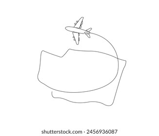 Continuous one line drawing of Washington map with airplane. Washington - America map combined with airplane simple outline vector illustration. Editable stroke.