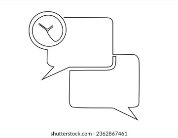 Continuous one line drawing of watch and speech bubble. Trendy line art vector on a white background. Vector illustration.