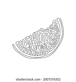 Icono continuo del derrame de agua de una línea de dibujo, ilustración de frutas de trozos de sandía, comida fresca saludable, comida natural orgánica. Estilo de rizo giratorio. ilustración vectorial de diseño de línea única