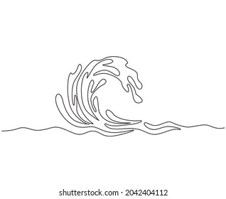 Continuous One Line Drawing Water Splashes Wave Twirl Isolated Surge Blue Sparks Breaker. Wave Curly Shapes Icon Symbol On White Background. Single Line Draw Design Vector Graphic Illustration