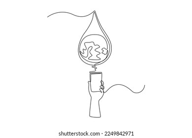 Continuous one line drawing water drop on glass of water. World water day concept. Single line draw design vector graphic illustration.