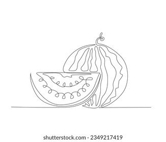 Continuous one line drawing of water melon. A whole and sliced water melon outline vector illustration.  