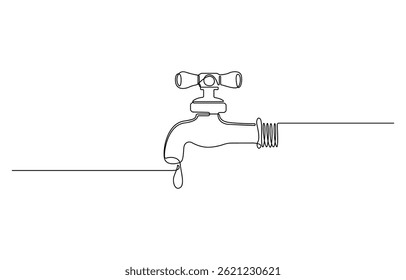 Continuous one line drawing of water faucet. One line drawing illustration of tap water. International handwashing day concept line art. Editable outline, Water tap with flowing water in one line art.