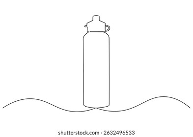 Continuous one line drawing of Water bottle mockup. Single line drawing illustration of Gym water container. Reusable stainless steel sport bottle concept vector art. Doodle line illustration.