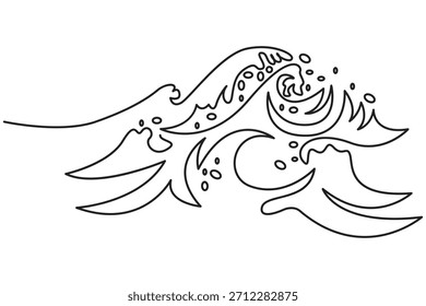 Onda continua de una línea que dibuja salpicaduras de agua. Onda marina continua de una línea que dibuja la Ilustración vectorial de contorno minimalista. Onda oceánica continua de una línea que dibuja la Ilustración vectorial.       
