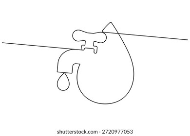 Dibujo continuo de una línea de un grifo de agua con una gota que cae sobre fondo blanco