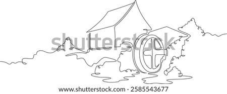 Continuous one line drawing water mill.An old mill on the river. One continuous line isolated minimal illustration.Not AI.