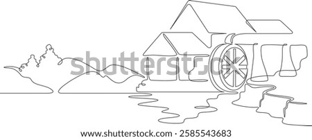 Continuous one line drawing water mill.An old mill on the river. One continuous line isolated minimal illustration.Not AI.