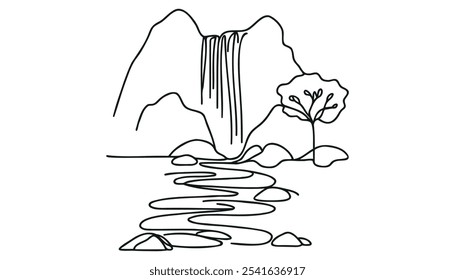 Kontinuierliche einzeilige Zeichnung von Wasserfall und See. Vektorgrafik
