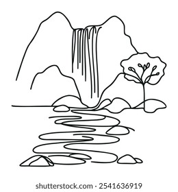 Continuous one line drawing of waterfall and lake. Vector illustration