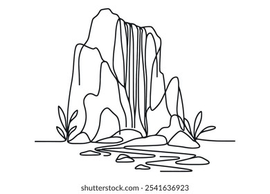 Continuous one line drawing of waterfall and lake. Vector illustration