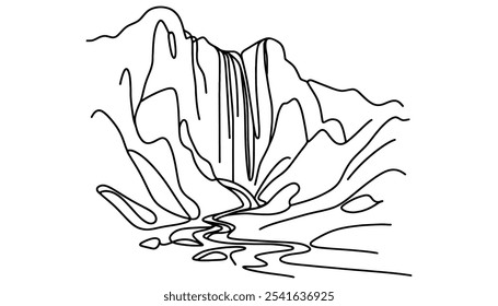 Continuous one line drawing of waterfall and lake. Vector illustration
