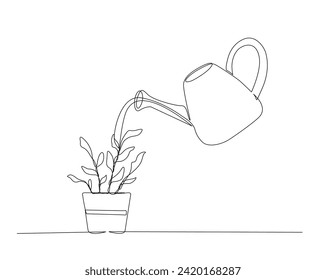 Continuous one line drawing of watering plants flowers in the pot. Watering can and plant in single outline vector illustration. Editable stroke.