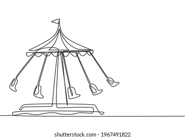 Dibujo continuo de una línea de un columpio de olas en un parque de atracciones con cinco asientos y una bandera encima de su tienda. Los pasajeros pueden dar vueltas en el cielo. Diseño de dibujo de una sola línea, ilustración gráfica vectorial.