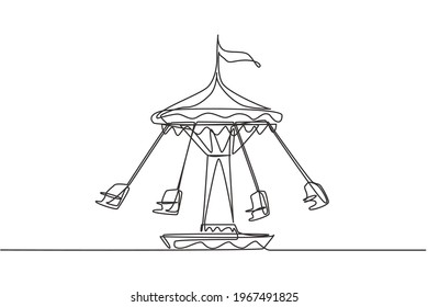 Continuous one line drawing wave swinger in the amusement park with four seats and a flag above. The passengers can swing around in the sky. Single line drawing design, vector graphic illustration.