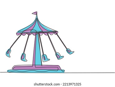 Dibujo continuo de una línea de un columpio de olas en un parque de atracciones con cinco asientos y una bandera encima de la tienda. Los pasajeros pueden dar vueltas en el cielo. Diseño de tracción de una sola línea, ilustración gráfica vectorial