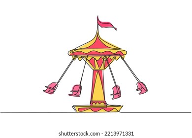 Continuous one line drawing wave swinger in the amusement park with four seats and a flag above. The passengers can swing around in the sky. Single line drawing design, vector graphic illustration.