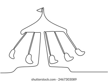 Continuous one line drawing wave swinger in the amusement park with five seats and a flag above. Single line drawing design, vector graphic illustration.