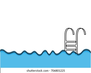 Continuous one line drawing of wave and swimming pool ladder on white background. EPS10 vector illustration for fashion design, banner, card, poster. Thin line illustration of handrail and blue waves.