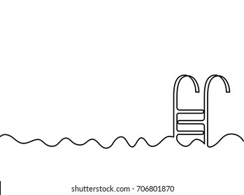 Continuous one line drawing of wave with swimming pool stair. Abstract thin line image of a swimming pool. EPS10 vector illustration for banner, card, design element, template, poster.