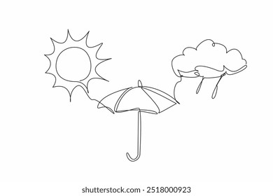 Continuous one line drawing weather icon. Sunshine, light rain. Weather conditions unpredictable. Always have umbrella ready. National Weatherperson's Day. Single line draw design vector illustration