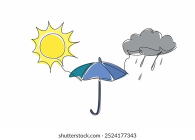 Continuous one line drawing weather icon. Sunshine, light rain. Weather conditions unpredictable. Always have umbrella ready. National Weatherperson's Day. Single line draw design vector illustration