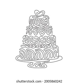 Continuous one line drawing wedding cake with love shape on top. Sweet cake for celebrate marriage. Tasty dessert wedding party. Swirl curl style. Single line draw design vector graphic illustration