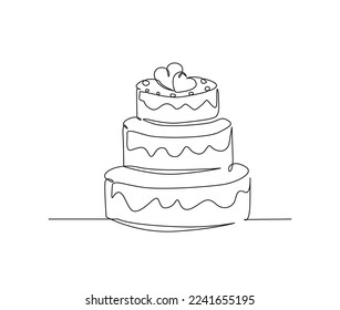 Continuous one line drawing of wedding or birthday cake. Party, anniversary and celebration concept. Minimalism Hand drawn vector illustration. 