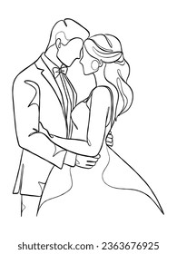 Continuous one line drawing of a wedding couple. Vector illustration.