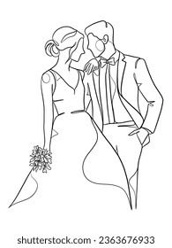 Continuous one line drawing of a wedding couple. Vector illustration.