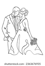 Continuous one line drawing of a wedding couple. Vector illustration.