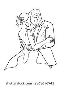 Continuous one line drawing of a wedding couple. Vector illustration.