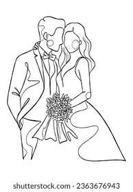 Dibujo continuo de una línea de una pareja matrimonial. Ilustración vectorial.