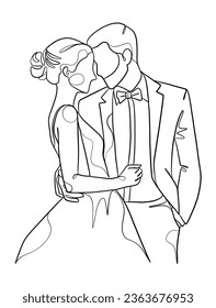 Continuous one line drawing of a wedding couple. Vector illustration.