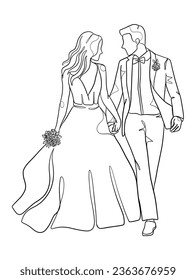 Continuous one line drawing of a wedding couple. Vector illustration.