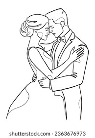 Continuous one line drawing of a wedding couple. Vector illustration.