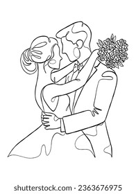 Continuous one line drawing of a wedding couple. Vector illustration.