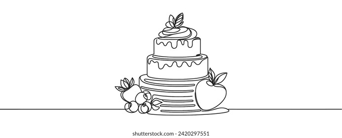 Continuous one line drawing of wedding or birthday cake. Party, anniversary and celebration concept. Minimalism Hand drawn vector illustration.