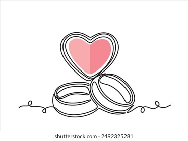 dibujo continuo de una línea de anillos de boda y corazón . Una línea de arte de amor, anillos, matrimonio, unión de corazones, clásico, romance.