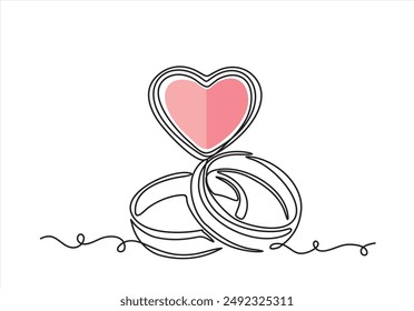 dibujo continuo de una línea de anillos de boda y corazón . Una línea de arte de amor, anillos, matrimonio, unión de corazones, clásico, romance.