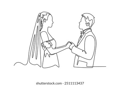 Conceito de casamento de desenho contínuo de uma linha. Ilustração vetorial de rabiscar.