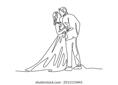 Conceito de casamento de desenho contínuo de uma linha. Ilustração vetorial de rabiscar.