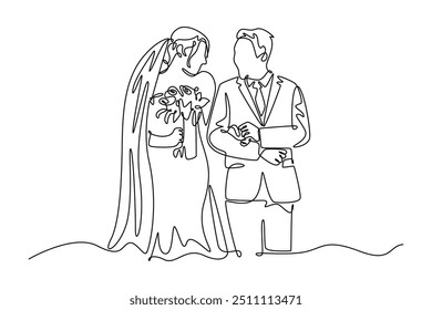 Conceito de casamento de desenho contínuo de uma linha. Ilustração vetorial de rabiscar.