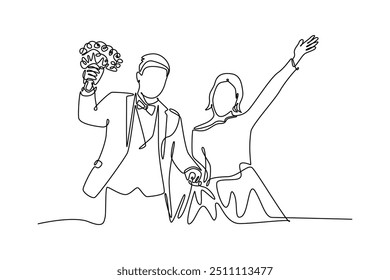 Conceito de casamento de desenho contínuo de uma linha. Ilustração vetorial de rabiscar.