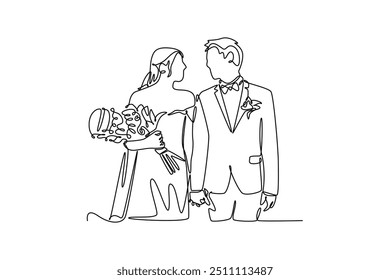 Conceito de casamento de desenho contínuo de uma linha. Ilustração vetorial de rabiscar.